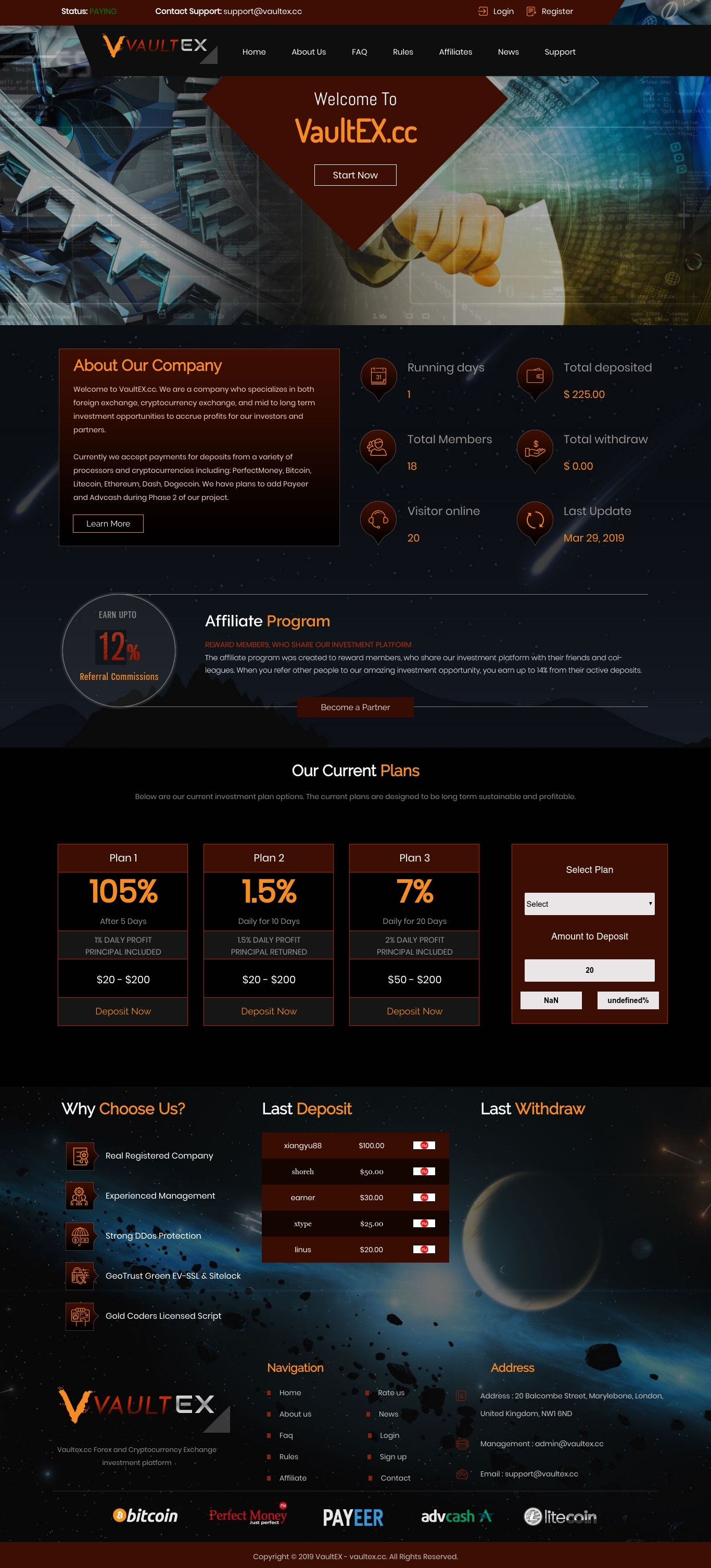 Gaming HYIP project Vaultex